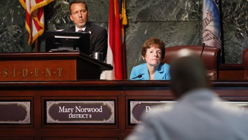 Atlanta Council  President Doug Shipman and Council member Mary Norwood watch a person from the audience speak during the Atlanta City Council meeting on Monday, August 15, 2022. Miguel Martinez / miguel.martinezjimenez@ajc.com