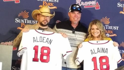 Chipper Jones surprised Jason Aldean and Lauren Alaina at their SunTrust Park press conference on March 14, 2018. Photo: Melissa Ruggieri/AJC