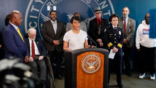March 21, 2019 - Atlanta - Atlanta Mayor Keisha Lance Bottoms announced in March that officials will take a fresh look at the Atlanta Child Murders cases that left more than 20 youths and young adults dead four decades ago. At a news conference with Atlanta Police Chief Erika Shields, Bottoms said the intention is use technological advances to re-test evidence and see if any answers come. Bob Andres / bandres@ajc.com