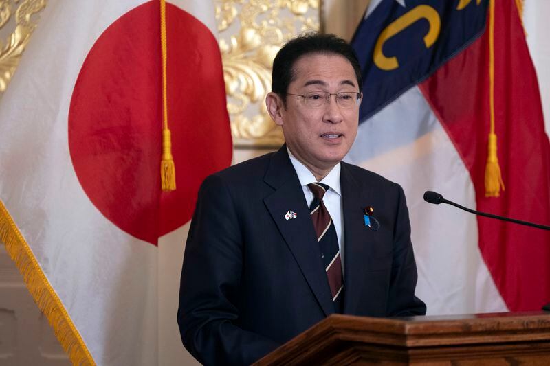 Japan Prime Minister Fumio Kishida addresses a luncheon in his honor at the North Carolina Executive Mansion, Friday, April 12, 2024, in Raleigh, N.C. (Robert Willett/The News & Observer via AP, Pool)