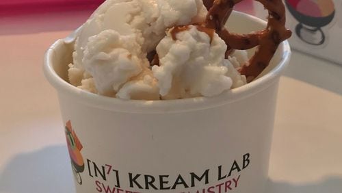 N7 Kream Lab's customer favorite, Salted Caramel Pretzel.  Made from their signature salted caramel base with salted pretzels and a flavor syringe of caramel.
