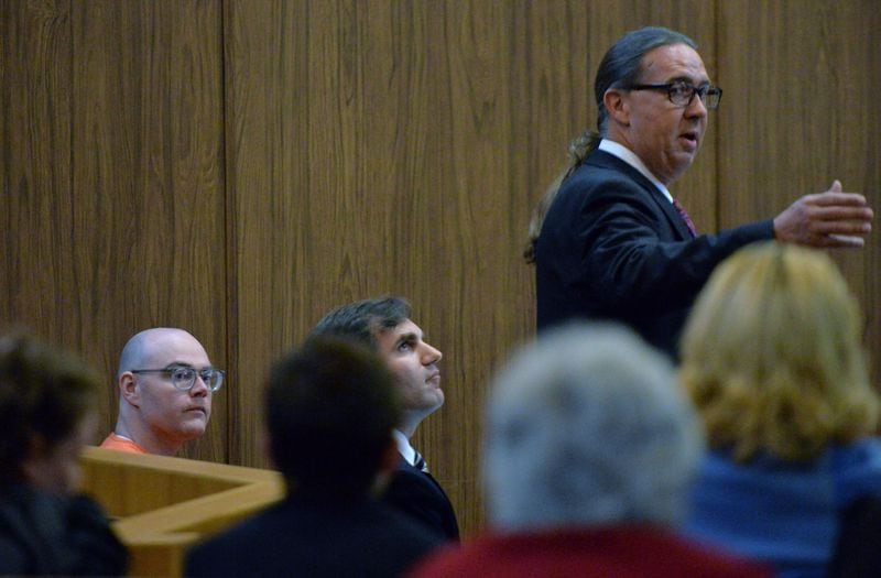 Macon attorney Frank Hogue (standing) during a court hearing in 2015. (AJC file)