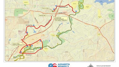 Map depicts the route of the Alpharetta Women’s Half Marathon and 5K Run on Sunday morning, Nov. 4. CITY OF ALPHARETTA