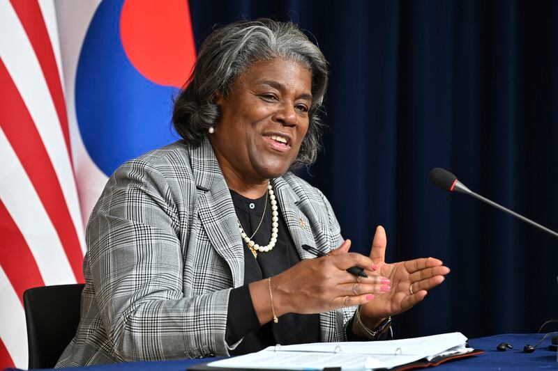 U.S. Ambassador to the United Nations Linda Thomas-Greenfield speaks during a press conference at the American Diplomacy House in Seoul Wednesday, April 17, 2024. (Jung Yeon-je/Pool Photo via AP)