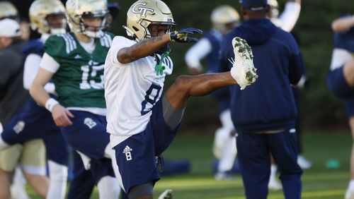 Georgia Tech wide receiver Malik Rutherford works out during a spring practice session. Of the 134 receptions made by Yellow Jackets receivers last season, 106 of them were made by players no longer on the roster. (Miguel Martinez /miguel.martinezjimenez@ajc.com)