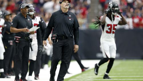 HOUSTON, TX - OCTOBER 06:  Head coach Dan Quinn of the Atlanta Falcons reacts in the second half against the Houston Texans at NRG Stadium on October 6, 2019 in Houston, Texas.  (Photo by Tim Warner/Getty Images)