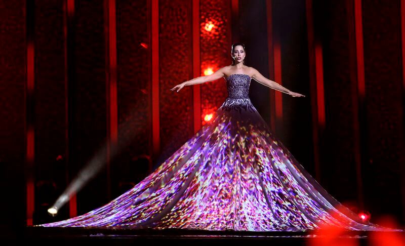 FILE - Elina Nechayeva from Estonia performs the song 'La Forza' during the first semifinal for the Eurovision Song Contest in Lisbon, Portugal, May 8, 2018. The 68th Eurovision Song Contest is taking place in May in Malmö, Sweden. It will see acts from 37 countries vie for the continent’s pop crown. Founded in 1956, Eurovision is a feelgood extravaganza that strives to banish international strife and division. It’s known for songs that range from anthemic to extremely silly, often with elaborate costumes and spectacular staging. (AP Photo/Armando Franca, File)