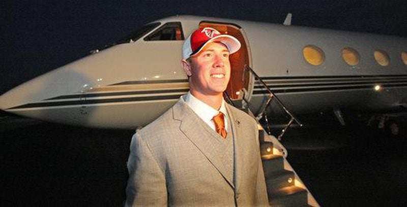 The Falcons used "AirBlank1" to fly in quarterback Matt Ryan after he was drafted by in 2008. The team used his private jet to help hold private workouts before the draft. (By Curtis Compton/ccompton@ajc.com)