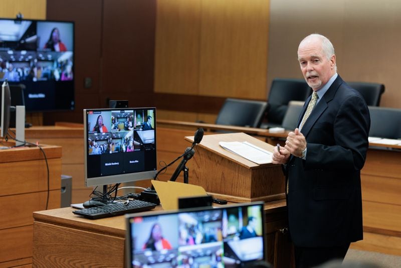 William Dillon, who represents State Sen. Burt Jones, speaks at Fulton County Superior Court on Thursday, July 21, 2022. Jones filed a motion to remove Willis from the Fulton County Trump investigation because she held a fundraiser for Jones’ Democratic opponent Charlie Bailey. (Arvin Temkar / arvin.temkar@ajc.com)
