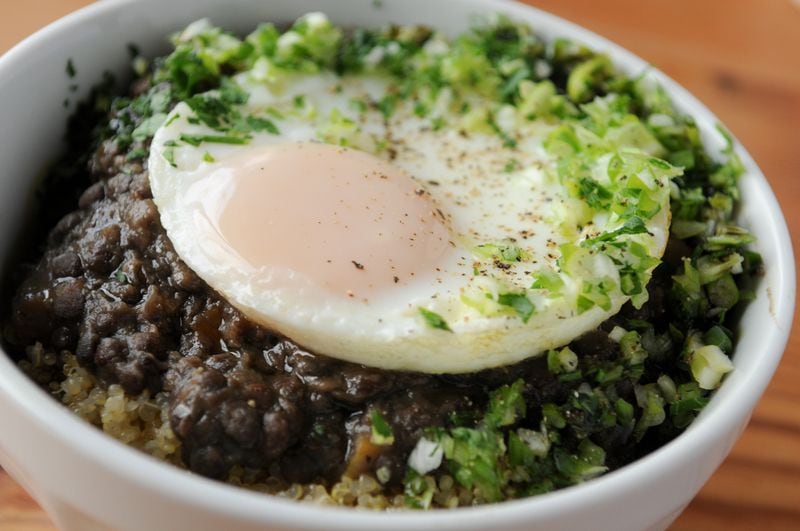  Grain Bowl- Beluga lentils & Quinoa with diced carrots, scallions, pumpkinseed oil & oven poached egg. (BECKY STEIN/special)
