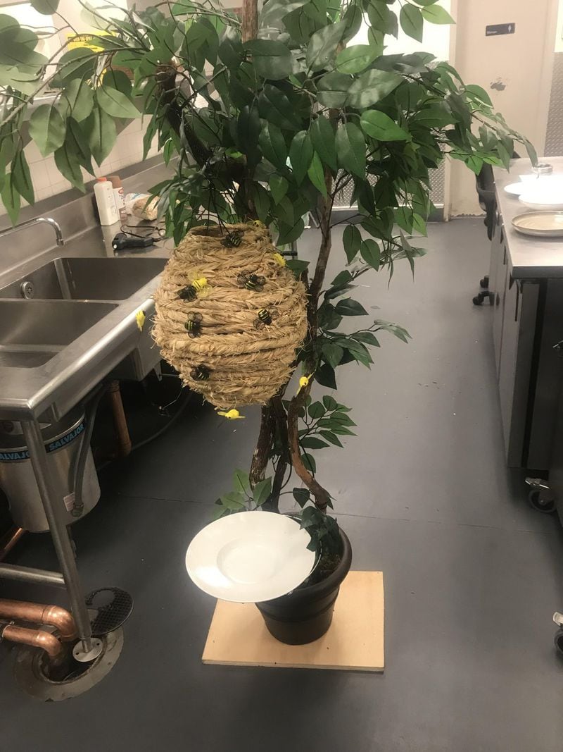 Southern Art and Bourbon Bar chef de cuisine David Bartlett’s latest honey-themed display is a papier-mache beehive that slowly drizzles honey in a constant stream and guests can garnish their own desserts from the “beehive.” CONTRIBUTED BY DAVID BARTLETT