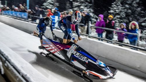 Elana Meyers Taylor competes with teammate Lolo Jones (who was not named to the 2018 Olympic Team) in the Women's World Cup in Park City, Utah. in November 2017. CONTRIBUTED BY MOLLY CHOMA