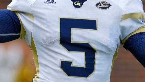 Georgia Tech quarterback Justin Thomas’ No. 5 jersey will go to safety A.J. Gray, now that Thomas has moved on to an NFL training camp. (AP Photo/Brett Davis, File)