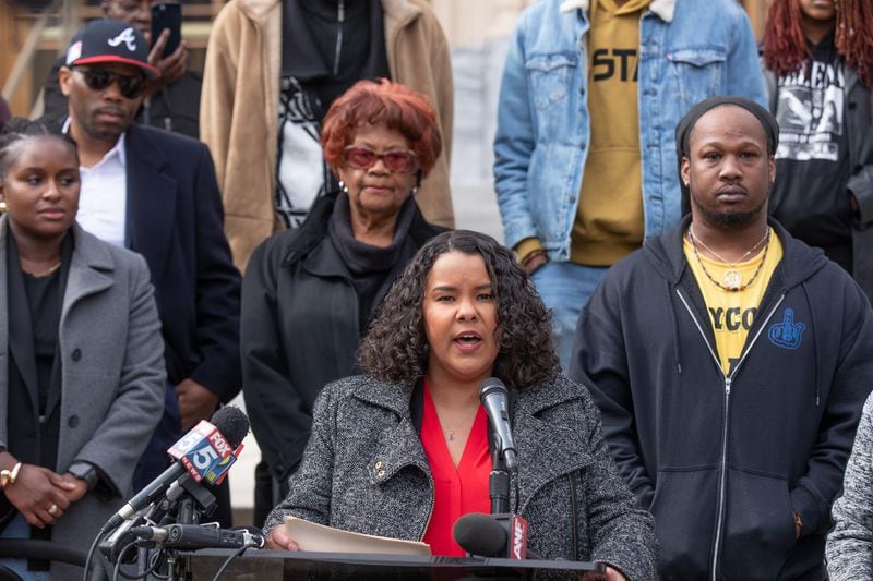 Attorney Meghan Jones announces multiple lawsuits against the city of Atlanta related to flooding issues on the steps of City Hall on Feb. 29, 2024.
