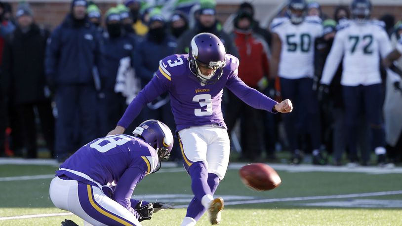 Minnesota Vikings kicker Blair Walsh (3) misses a field goal during the second half of an NFL wild-card football game against the Seattle Seahawks, Sunday, Jan. 10, 2016, in Minneapolis. The Seahawks won 10-9. (AP Photo/Jim Mone)