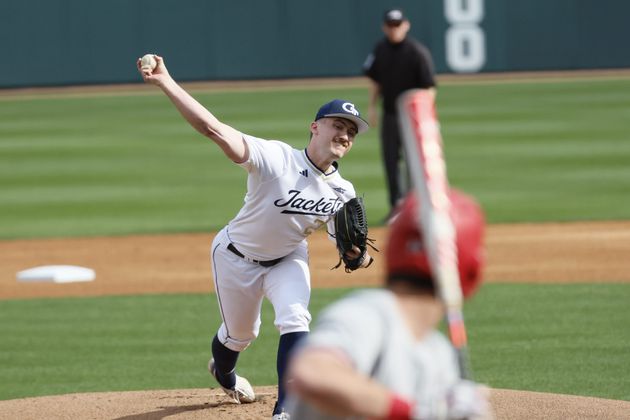 Georgia Tech starting pitcher Logan McGuire (28) delivers a pitch during the first inning against a UGA batter on Sunday, March 3, 2024, at Coolray Field in Lawrenceville. 
Miguel Martinez /miguel.martinezjimenez@ajc.com
