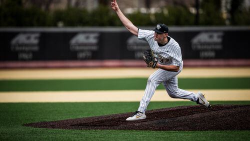 Pitcher Ryan Cusick on the mound for Wake Forest in a Feb. 27, 2021, game in Winston-Salem, North Carolina. Cusick’s path to the Braves was once powered by late-night PB&Js and chocolate milk. (Photo courtesy of Wake Forest Athletics)