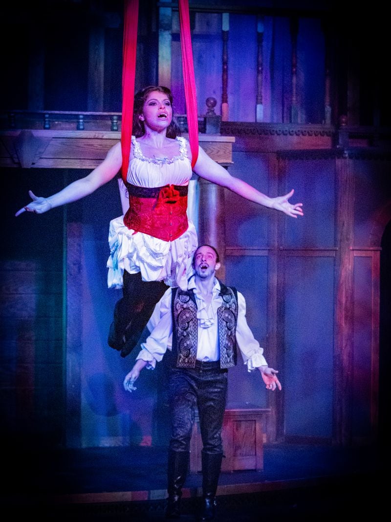 The production uses aerial performance in a unique way, as Lucy Westenra (Bailey Frankenberg) transforms with the assistance of Dracula (Benedetto Robinson). Photo: Jeffrey Watkins