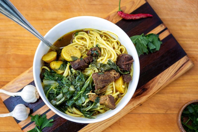 Beef Curry Soup with Noodles uses Stella Dillard's Beef Curry Broth. (Courtesy of Jo McCune)