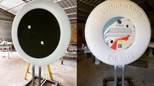 The first of Lilburn's two Button Art designs, a massive chalkboard, is assembled and ready for installation outside City Hall and Gwinnett Library at 340 Main St. (Courtesy City of Lilburn)
