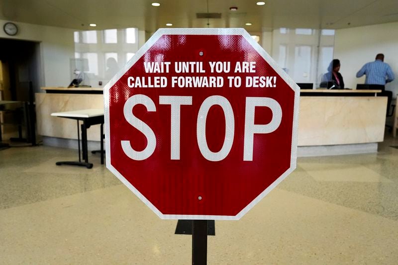 A stop sign is seen inside of Department Of Corrections Division 11 in Chicago, Monday, April 22, 2024. DePaul students and detainees are currently reading Dead Man Walking and the author, anti death penalty advocate, Sister Helen Prejean attended to lead a discussion. (AP Photo/Nam Y. Huh)