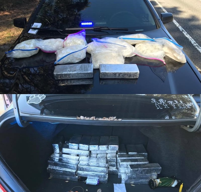 About 80 kilograms, or more than 175 pounds, of methamphetamine was found during a traffic stop, authorities said.