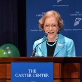 Former first lady Rosalynn Carter speaks during an dedication ceremony and 90th birthday celebration with staff and guests at the Day Chapel of the Ivan Allen III Pavilion at the Carter Center on Wednesday, October 1, 2014. HYOSUB SHIN / HSHIN@AJC.COM