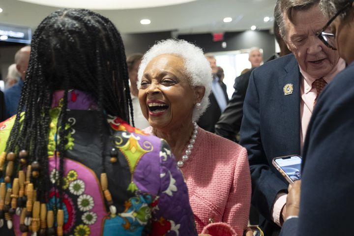 Billye Aaron, the beloved wife of Hank Aaron, greets people before the opening of the Atlanta History Center exhibit “More Than Brave: The Life of Henry Aaron” on Monday, April 8, 2024.   (Ben Gray / Ben@BenGray.com)
