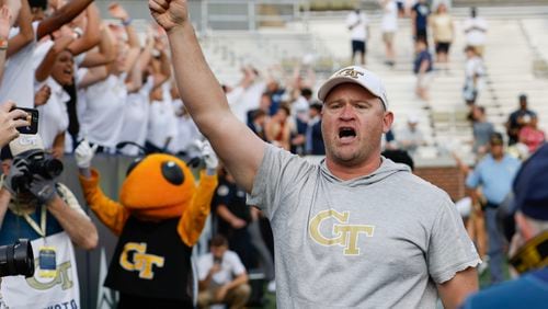 Georgia Tech Yellow Jackets coach Brent Key celebrates his teams victory following a  football game against South Carolina State at Bobby Dodd Stadium in Atlanta on Saturday, September 9, 2023.   (Bob Andres for the Atlanta Journal Constitution)