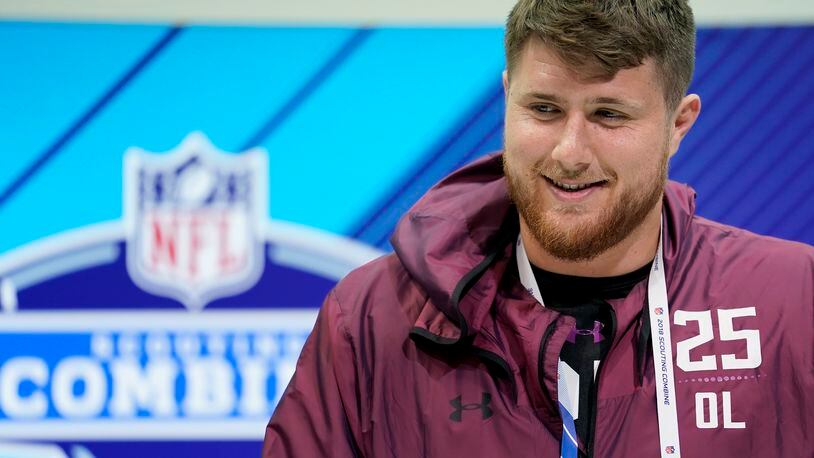 INDIANAPOLIS, IN - MARCH 01: UCLA offensive lineman Kolton Miller speaks to the media during NFL Combine press conferences at the Indiana Convention Center on March 1, 2018 in Indianapolis, Indiana. (Photo by Joe Robbins/Getty Images)