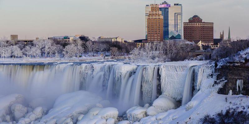 The American side of Niagara Falls on January 9, 2014. The massive falls partially froze over during a polar vortex event.