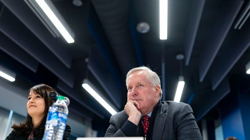 
                        FILE -- Mark Meadows, the former White House chief of staff, at a forum in Washington, Nov. 14, 2022. Georgia prosecutors leading the criminal election interference case against former President Donald J. Trump and 18 of his allies notched a victory on Friday, Sept. 8, when a judge rejected an effort by Meadows to move his case from state court to federal court. (Al Drago/The New York Times)
                      