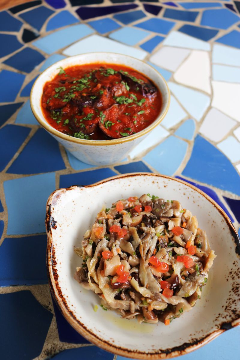 Greek Eggplant Stew With Onions and Tomato Sauce and Greek Wild Mushrooms “a la Grecque.” KELLY QUINN