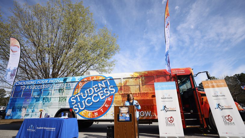 Vasanne Tinsley, interim superintendent of DeKalb schools, addresses guests during the unveiling of the new Student Success Mobile Center at Lithonia High School on Wednesday, March 29, 2023. "Exposure is key in making sure our students are engaged," Tinsley said. (Miguel Martinez / miguel.martinezjimenez@ajc.com)
