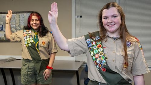 New Eagle Scouts Zoe Rosenberg (left) and Veronica Roark at the Roswell United Methodist Church scout hut in Roswell. The two are part of the all-girls Scout Troop 432, that meets at the church on Thursday nights. They are the first girls in the Northern Ridge Scout District to earn the Eagle Scout rank, and are among the nation's Inaugural Class of Female Eagle Scouts. PHIL SKINNER FOR THE ATLANTA JOURNAL-CONSTITUTION.