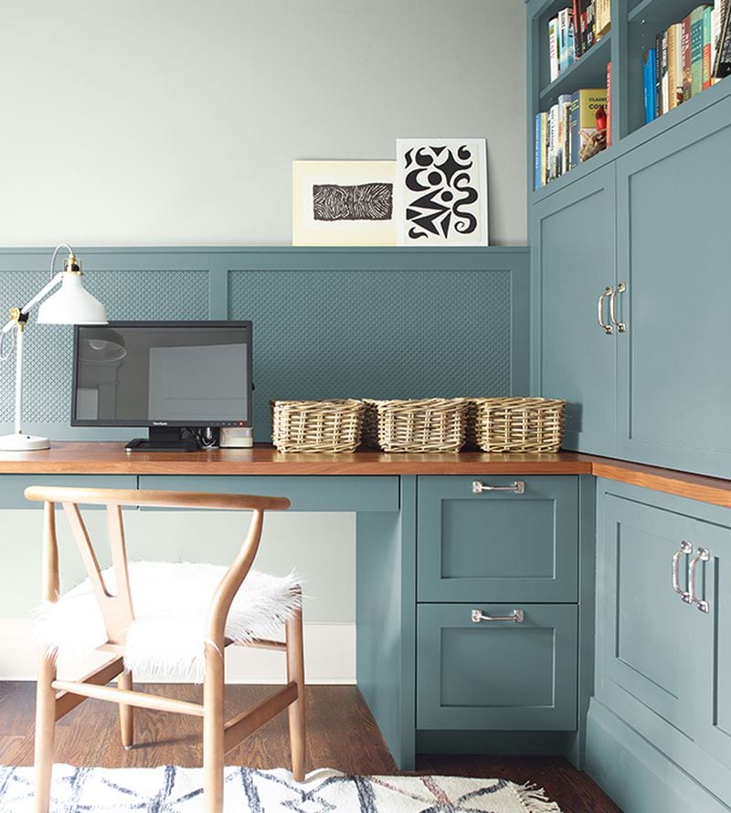 Benjamin Moore's Aegean teal works on walls, as well as the interior and exterior of cabinets.