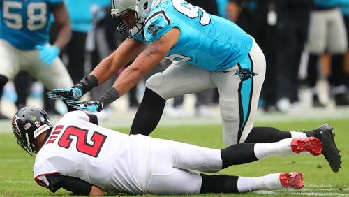 Panthers defensive end Wes Horton levels Falcons quarterback Matt Ryan during a quarterback keeper on a broken play in the second half of a NFL football game on Sunday, November 5, 2017, in Charlotte. The Panthers beat the Falcons 20-17.   Curtis Compton/ccompton@ajc.com