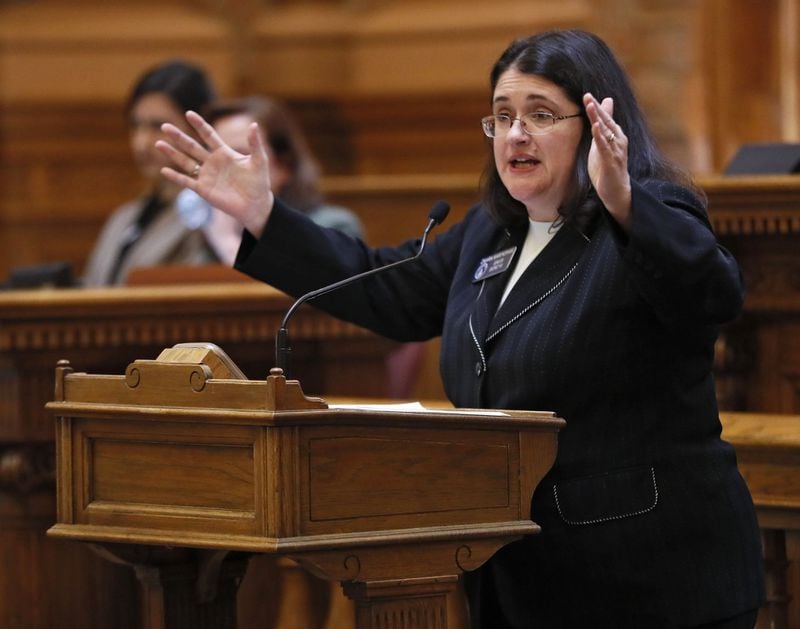 State Sen. Zahra Karinshak, D-Duluth, spoke Wednesday against the Senate’s new sexual harassment rules. Bob Andres / bandres@ajc.com