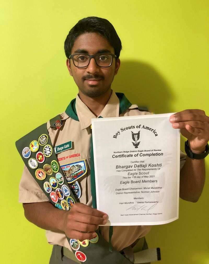 The Northern Ridge Boy Scout District (Cities of Roswell, Alpharetta, John’s Creek, Milton) is proud to announce its newest Eagle Scout,  who passed his Board of Review May 17:  Bhargav Koshti, of Troop 2000, sponsored by Johns Creek Presbyterian Church, the design and construction of wo wooden benches and a wooden book shelf for the Chinmaya Mission Ashram, Alpharetta (CMA).