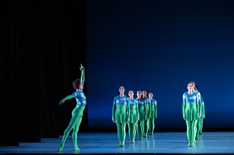When the curtain opened at the beginning of “Sandpaper Ballet,” the dancers, clad in bright green, were standing still in a five-by-five grid that filled the stage.