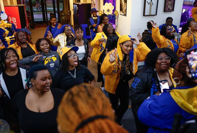 Members of Sigma Gamma Rho Sorority Inc. celebrate after Amaris Johnson becomes the newest member of the sorority on the first line in more than 20 years at Morris Brown College on Friday, March 22, 2024. (Natrice Miller/ Natrice.miller@ajc.com)