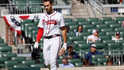 Atlanta Braves first baseman Matt Olson (28) walks towards the dugout after striking out to end the game against the New York Mets at Truist Park on Thursday, April 11, 2024. The Mets beat the Braves 16-4.

Miguel Martinez / miguel.martinezjimenez@ajc.com