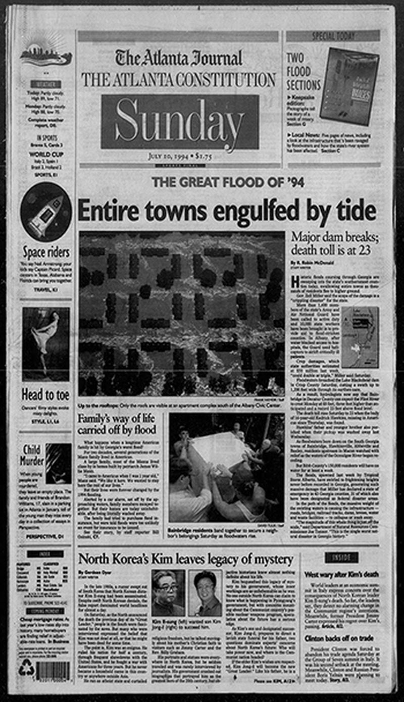 Coverage of Tropical Storm Alberto's aftermath led the AJC Sunday front on July 10, 1994.