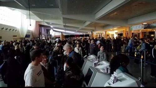 TSA security line closed at Hartsfield-Jackson due to power outage as thousands of passengers affected by power outages at Hartsfield-Jackson. Twitter user @rachkay00 sent us this photo.
