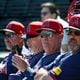 Atlanta Braves’ manager Brian Snitker and coaching staff watch during spring training workouts at CoolToday Park, Thursday, Feb. 22, 2024, in North Port, Florida. (Hyosub Shin / Hyosub.Shin@ajc.com)