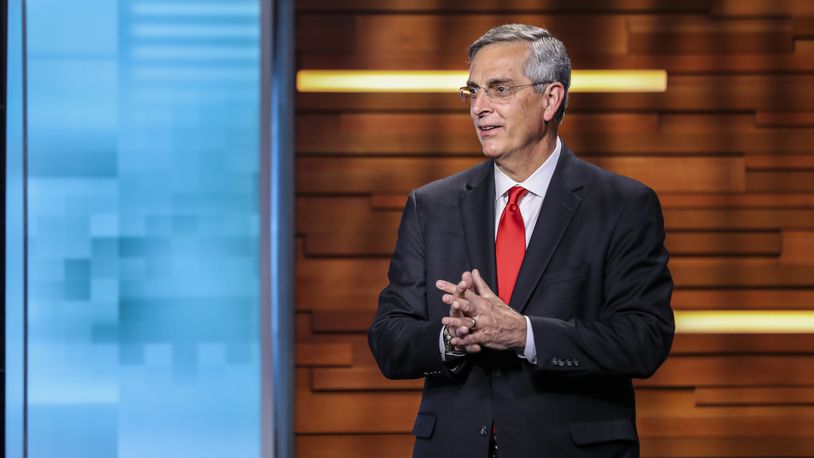Secretary of State Brad Raffensperger appears on Channel 2 Action News This Morning with Fred Blankenship and Lori Wilson on May 25, 2022, the morning after his upset victory over a Trump-backed primary opponent. (John Spink / John.Spink@ajc.com)