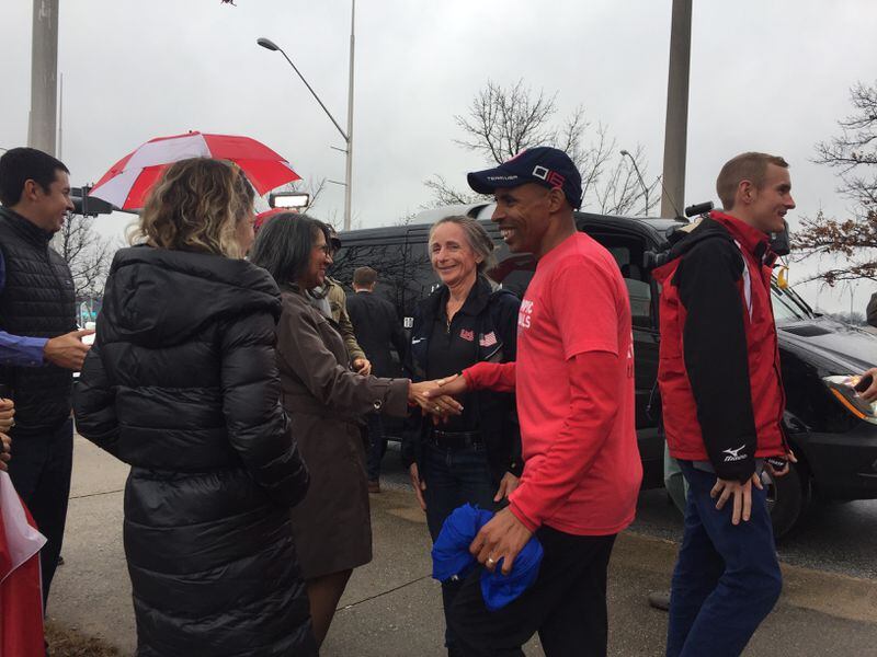 Olympian Meb Keflezighi greets members of USATF selection committee Tuesday in hopes of Atlanta winning the 2020 Olympic Team Trials- Marathon hosting honor.