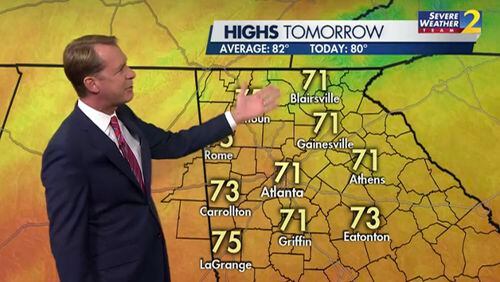 Saturday will see a high in the low 70s, Channel 2 Action News chief meteorologist Brad Nitz said.