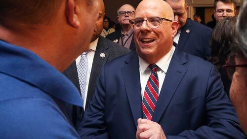 Former Maryland Gov. Larry Hogan speaks to supporters during a primary night election party Tuesday, May 14, 2024, in Annapolis, Md., after he won the GOP nomination for the U.S. Senate seat opened by Democratic Sen. Ben Cardin's retirement. (AP Photo/Daniel Kucin Jr.)
