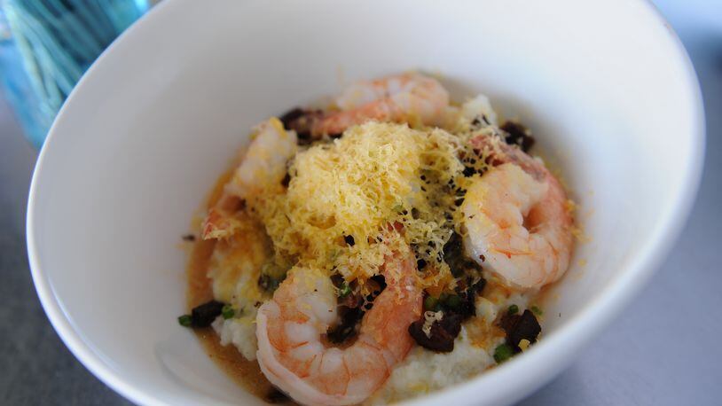 Shrimp and Grits with miso kale, bacon, makgeolli butter sauce and cheddar cheese at Sobban.(BECKY STEIN PHOTOGRAPHY.COM)